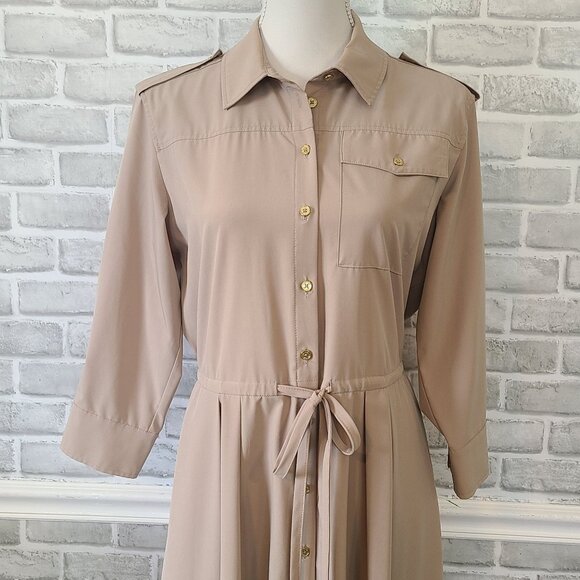 Calvin Klein Button Up Utility Belted Maxi Dress Minimalist 10 Khaki Acadamia - Picture 2 of 8
